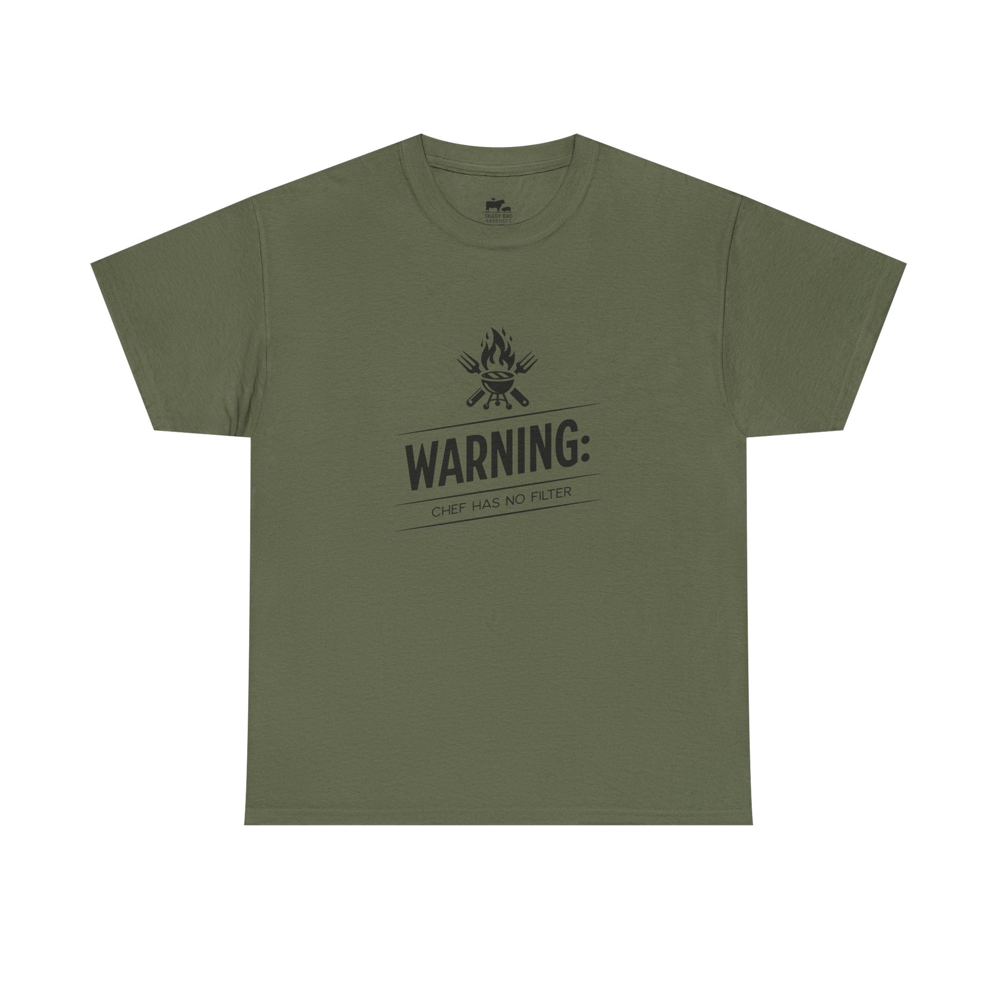 Funny BBQ t-shirt with Warning Chef Has No Filter saying for grill masters