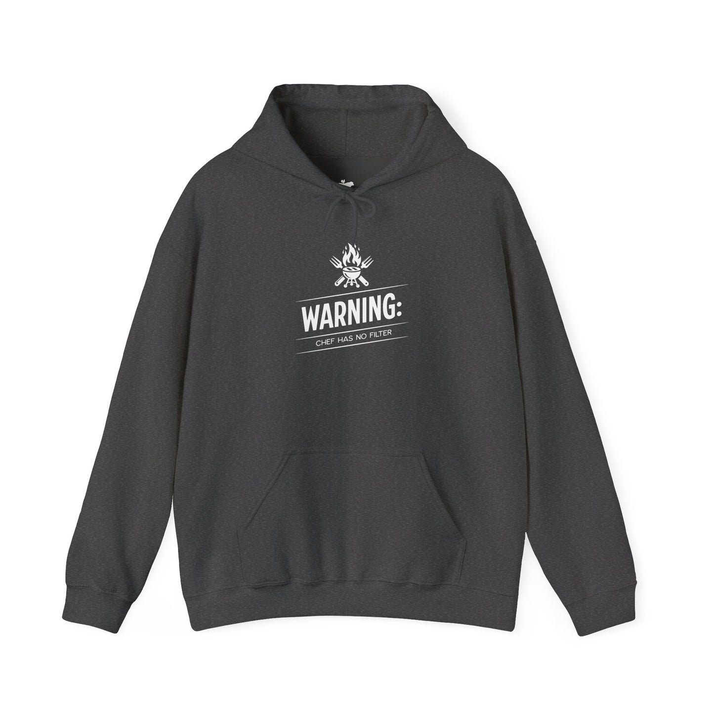 Dark gray hoodie with a white graphic and text on a white background
