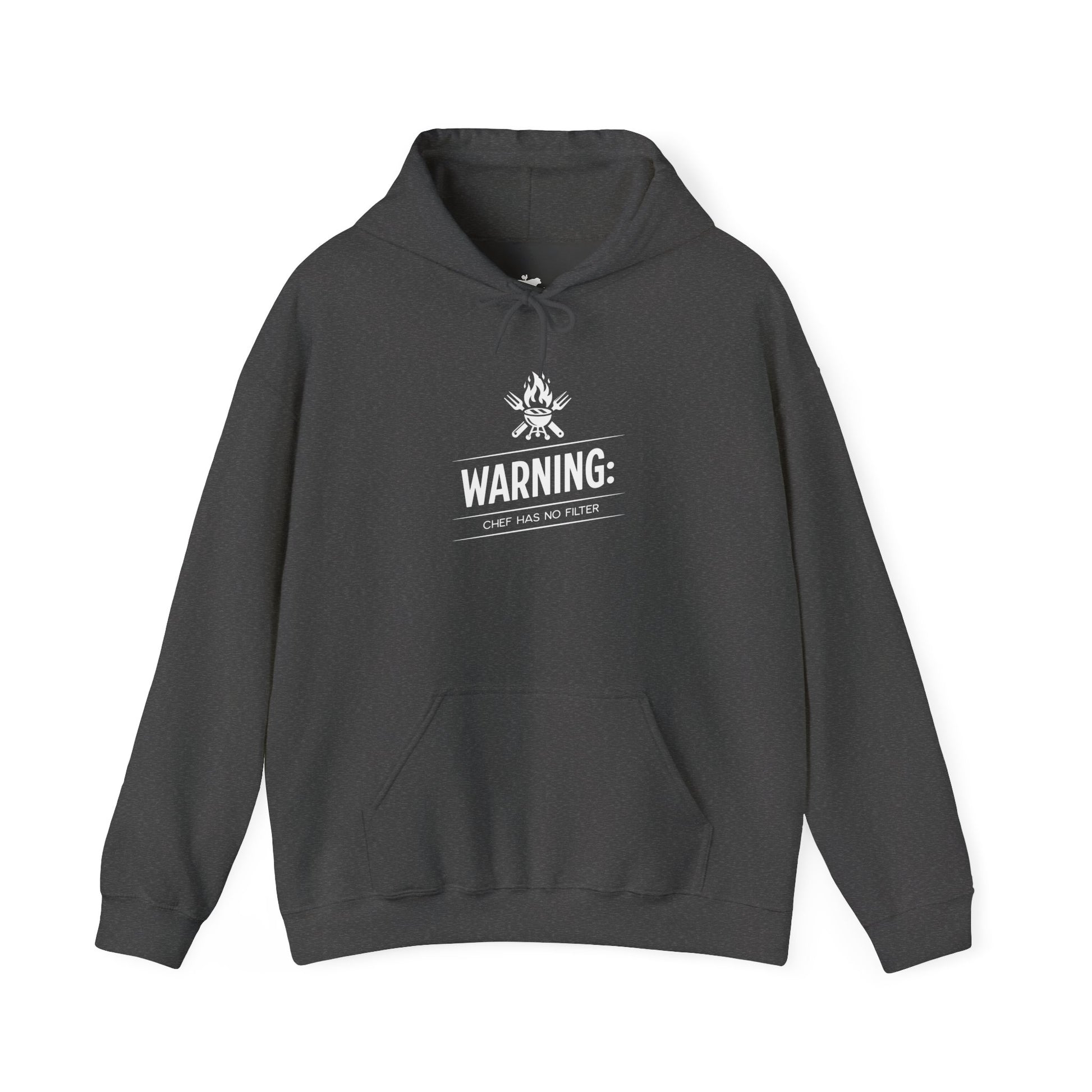Dark gray hoodie with a white graphic and text on a white background