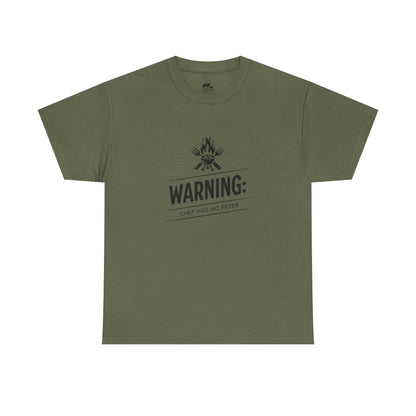 Funny BBQ t-shirt with Warning Chef Has No Filter saying for grill masters