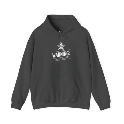 Dark gray hoodie with a white graphic and text on a white background